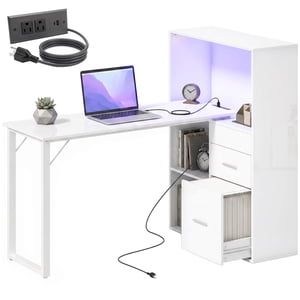 HOMCOM 54" Computer Desk, Home Office Desk with Power Outlets & LED Lights