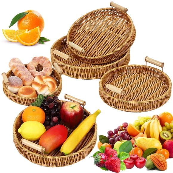 Plateau de Service Tressé en Rotin Imitation, Panier à Fruits Décoratif Tissé à la Main, Organisateur de Rangement Polyvalent avec Poignée pour Comptoir de Cuisine, Salon et Pique-Nique Extérieur