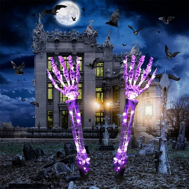 Halloween Decorations Lighted Skeleton Arm Stakes 2PCS 100 LED Skeleton Hand Stakes Waterproof Battery Operated Light Up Holiday Party Home Yard Indoor Outdoor Decor