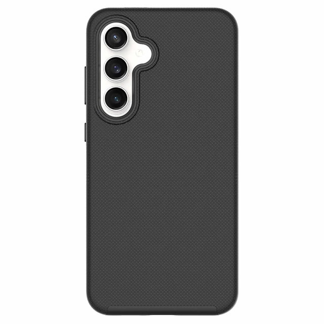 Blu Element Armour Rugged Case Black for Samsung Galaxy S25/Galaxy S24 shown from the back with a textured black dual-layer shockproof design, hard exterior shell, and cutouts for triple cameras and flash, drop tested from 10 ft for military-grade protection, ideal for active use.