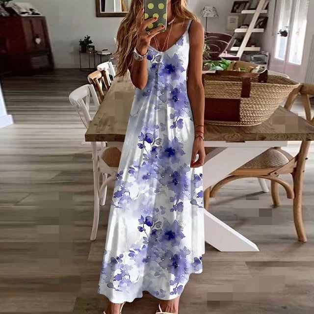 LSLJS Robes d'Été pour Femmes à Imprimé Sans Manches à Col Rond Robe Décontractée, Robe d'Été Robes de Plage d'Été