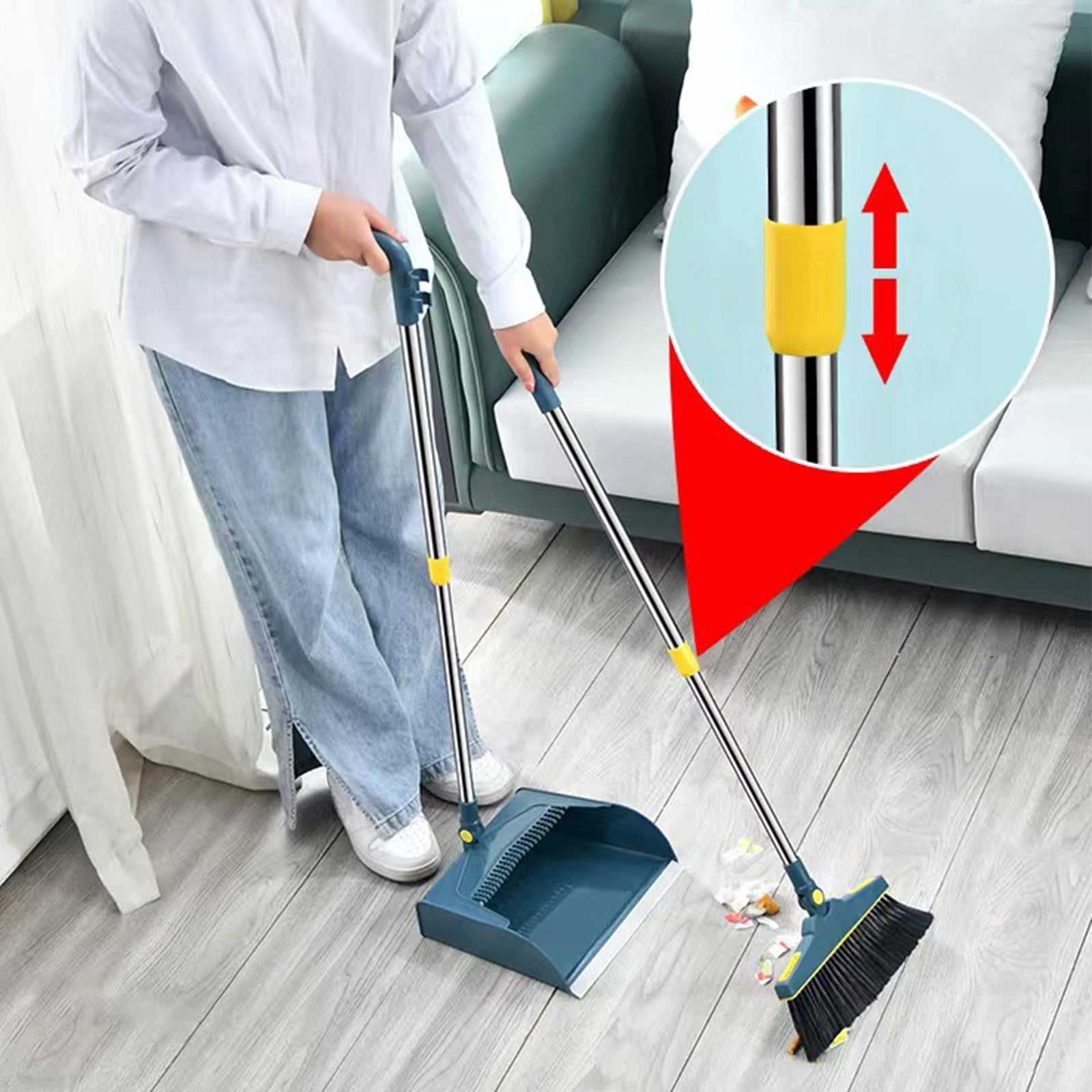LSLJS Retractable Long Handle Dust Pan and Brooms Combo for Indoor Outdoor Brooms Dustpan Set for Kitchen Lobby Office Standing Dustpan with Cleaning Teeth, Broom Dustpan