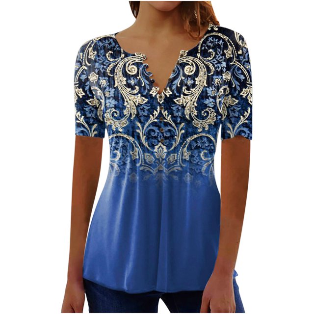 CEHVOM Mode Femme Décontractée Imprimé Col Rond Ample Manches Courtes T-shirt Haut Blouse Chandail Liquidation