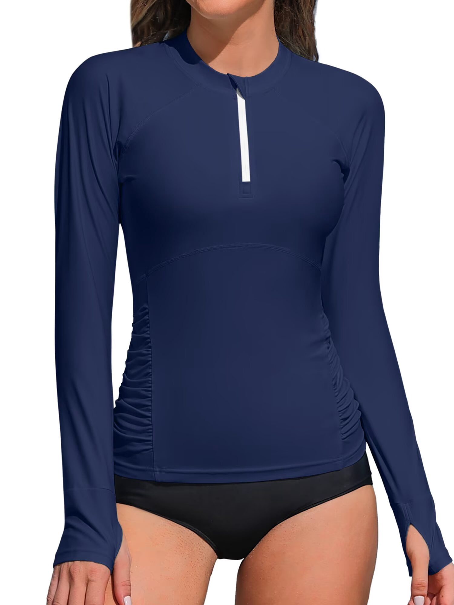 Charmo Women's Long Sleeve Swim Shirts,Zipper Rash Guard Quick Dry Swimsuit Tops,Athletic Workout Running Tops UPF 50+