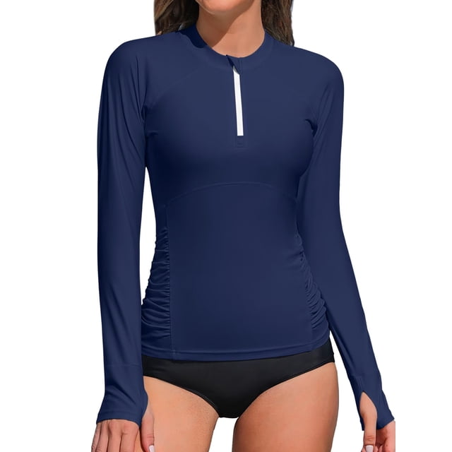 Charmo Women's Long Sleeve Swim Shirts,Zipper Rash Guard Quick Dry Swimsuit Tops,Athletic Workout Running Tops UPF 50+