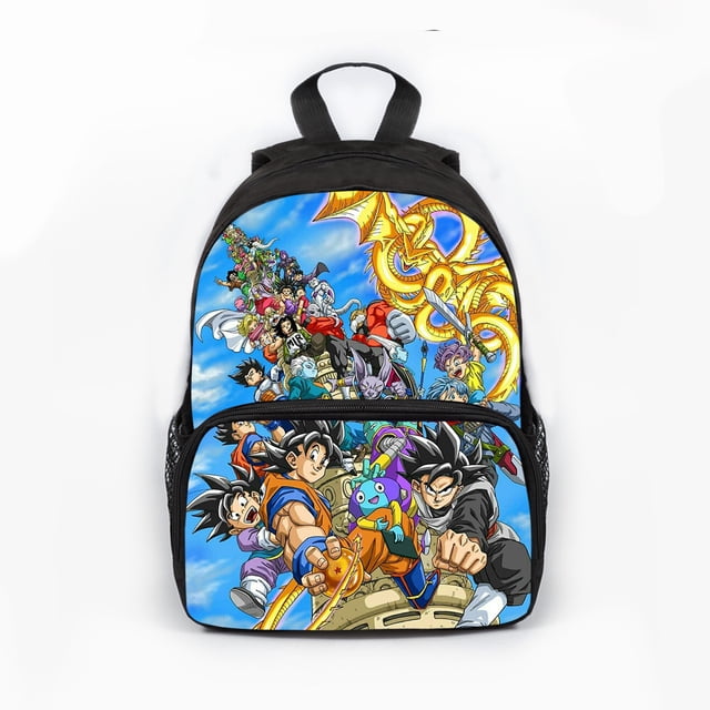 Dragon Ball Student Backpack by SinKeeU designed for kids, featuring vibrant Dragon Ball characters printed on the front. This school bag includes breathable back and shoulder straps for comfort, multiple compartments for organized storage, and a streamlined skeleton lining to prevent deformation. Ideal for school or travel, it combines fashion and functionality for children.