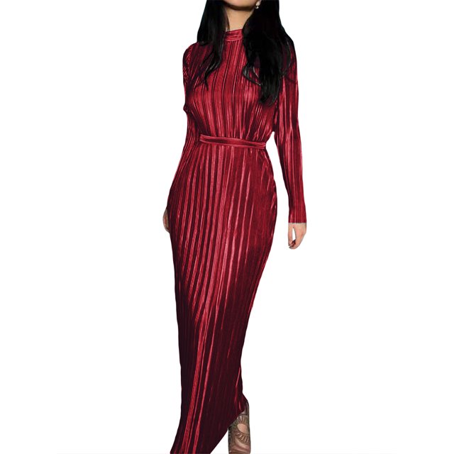 Faithtur Women's Spring Autumn Long Dress Solid Color Long Sleeve Half High Neck Ruched Tie Up Dress