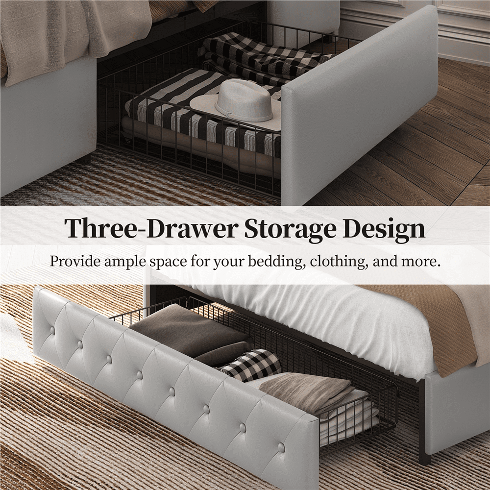 FullFurnique Upholstered Platform Bed Frame with Adjustable Headboard and 3 Drawers Storage, Full, Black
