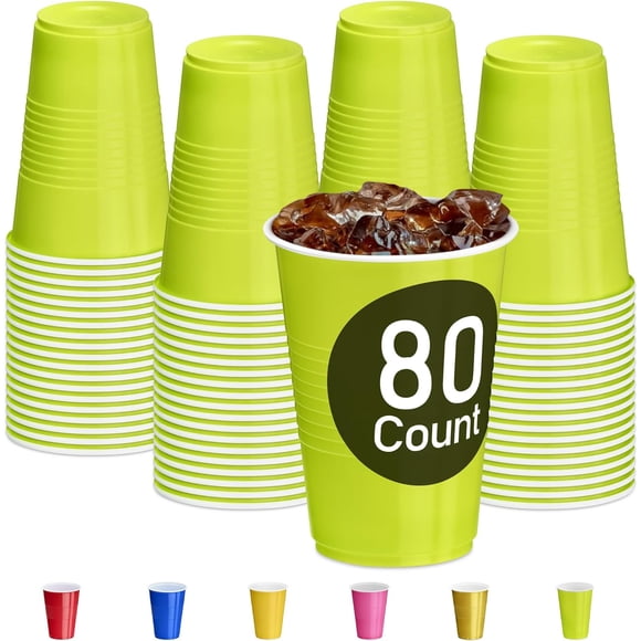 DecorRack 80 Count Green Party Cups, 16 oz BPA Free Plastic Cups, Perfect for Birthday, Picnic, Indoor and Outdoor Event, Stackable, Reusable, Disposable Round Beverage Drinking Cups (80 Pack)