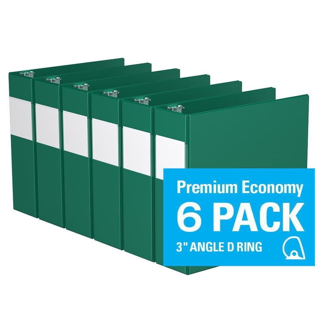 Davis Group Premium Economy D Ring Binder 6 Pack, 3 inch, green binders with white label holders on spines, metal D ring mechanisms, clear interior pockets for document security, ideal for office supplies, conferences, and academic use.