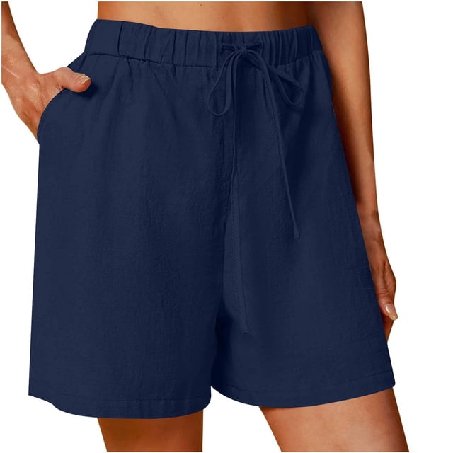 VEKDONE Summer Cotton Linen Shorts for Women Elastic High Waisted Wide Leg Pants Summer Loose Fit Drawstring Short Pants Solid Color Half Pant with Pockets