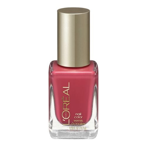 L'Oréal Paris Colour Riche Nail Polish 11.7 ML in a clear square glass bottle with a gold cap, featuring a rich pink nail lacquer shade with a formula for up to 10-day long-lasting wear and an easy-to-use patented brush, suitable for nail care and polish application.