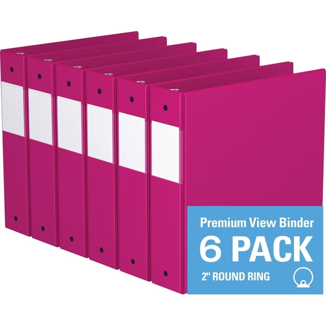 Davis Group, Premium Economy, Round Ring, Binder, 6 Pack, 2" showing six magenta binders with 2-inch round rings, each with a white label holder on the spine and black rivets, arranged in a row angled to the right, suitable for office and document organization.