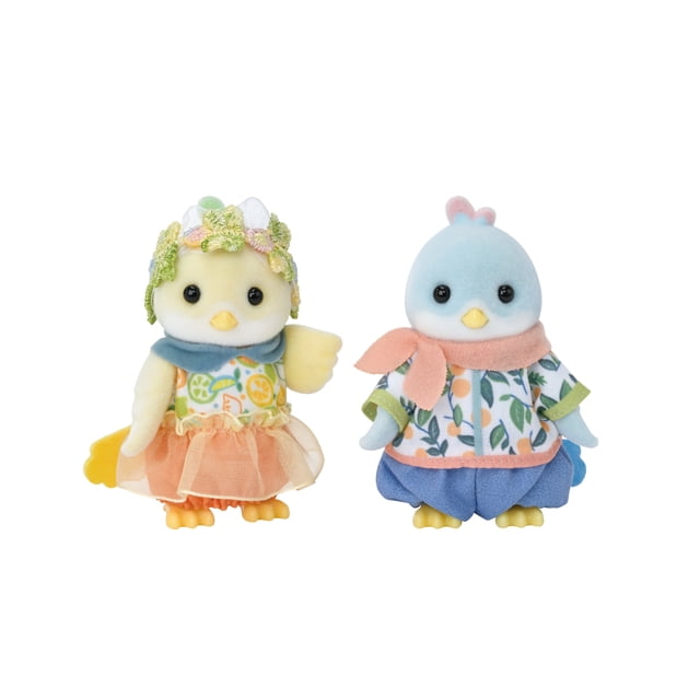 Calico Critters Citrus Bird Family, Set of 2 Collectible Doll Figures featuring two small bird dolls with soft flocked textures. One doll wears a peach tulle skirt and a fruit-patterned top, the other wears blue pants, a fruit-themed shirt, and a pink scarf. Both have poseable wings and removable fabric clothing, ideal for imaginative play.