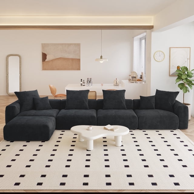 The Magic Home Canapé de Coin Convertible Modulable 4 Places en Velours Côtelé Noir,