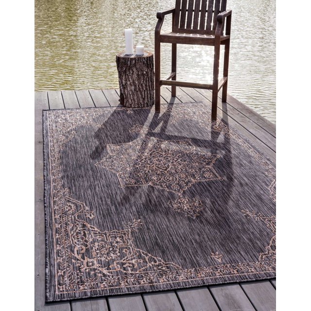 Unique Loom Traditional Collection Classic Medallion Transitional Indoor and Outdoor Flatweave Area Rug, 4 x 6 Feet, Charcoal Gray/Beige