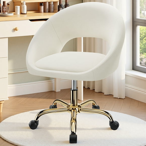 COOLHUT Chaise de Coiffeuse Moderne, Chaise de Bureau à Domicile Réglable Pivotante à 360°, avec Dossier et Roue, Chaises de Maquillage Mi-Dos avec Base Dorée, Chaise de Commode Chaise d'Ordinateur pour Chambre, Salon, Salle d'Ordinateur