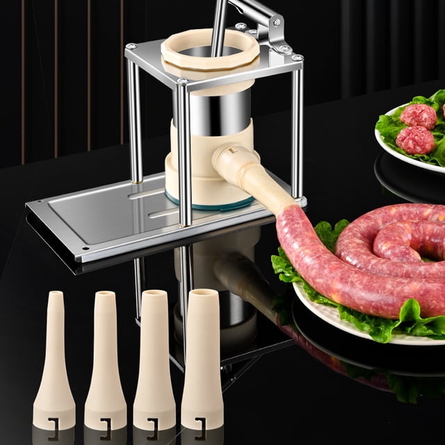 Sausage Filling Machine, Sausage Stuffer Vertical for Commercial use, constructed with durable stainless steel and ABS materials. The stuffer features a vertical ergonomic design for manual operation, measuring approximately 24.5x12.5x15.5cm (9.6x4.9x6.1in) with a handle length of 30cm (11.8in) and a caliber of 7.3cm (2.9in). The image displays the machine in use, filling sausages, with four beige stuffing tubes included in the foreground.