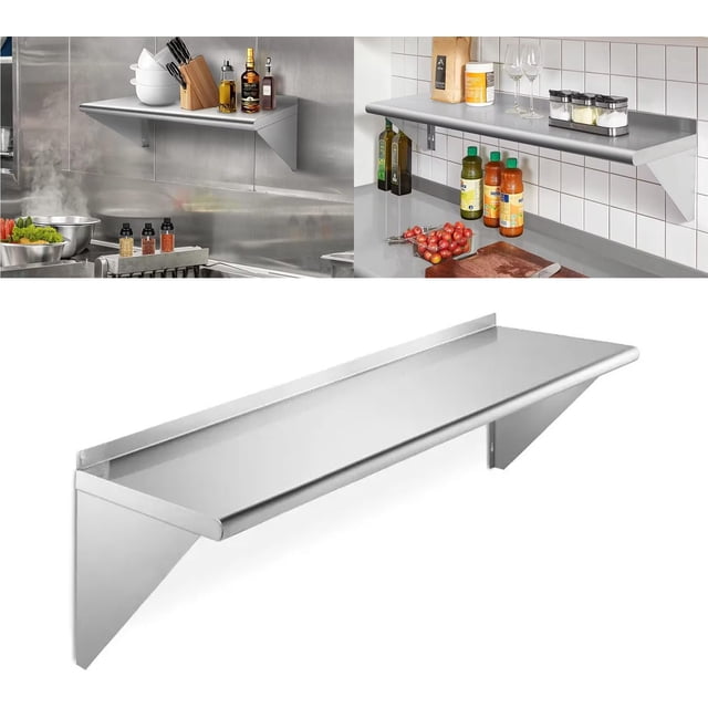 Stainless Steel Shelf Heavy Duty Floating Shelves Commercial Wall Mounted Shelving Storage Rack with Backsplash for Home Kitchen Hotel Restaurant Bar