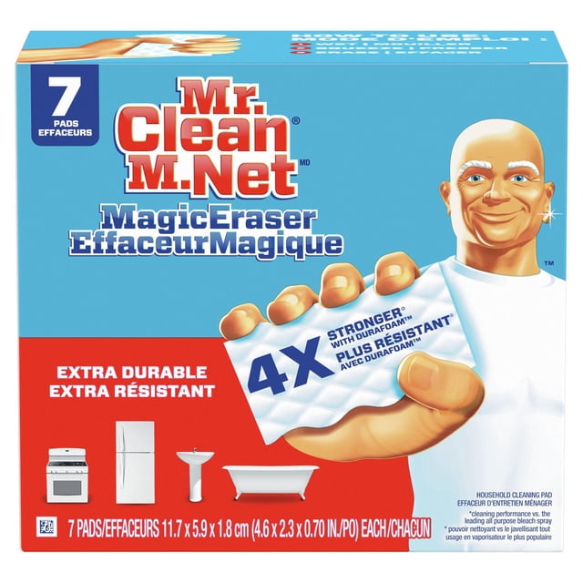 Mr. Clean Magic Eraser Extra Durable cleaning pads box with 7 white textured sponges featuring 4X stronger Durafom technology, ideal for tough household cleaning on ovens, refrigerators, sinks, and bathtubs, with bilingual English and French text and product dimensions 11.7 x 5.9 x 1.8 cm each.