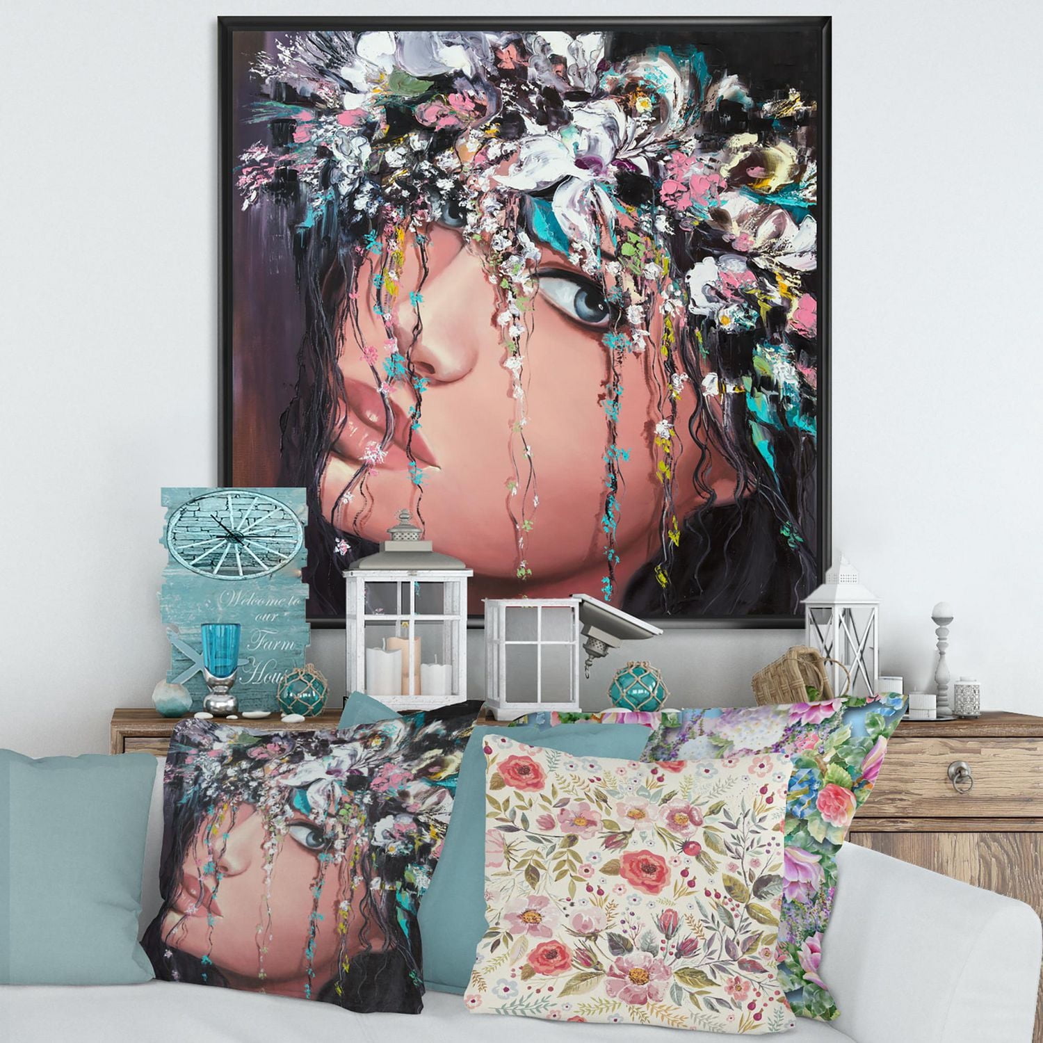 Designart Portrait Of A Young Lady With Flowers II FLOAT FRAME WALL ART