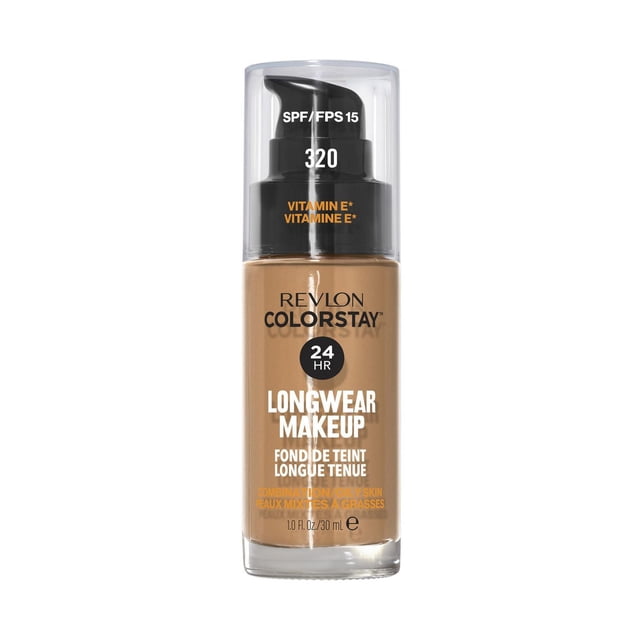 Revlon Colorstay Longwear Makeup Combo/Oily, 30mL pump bottle in shade 320 with SPF 15 and Vitamin E, oil-control foundation for combination to oily skin offering 24-hour wear and a matte, poreless finish, suitable for humid conditions.
