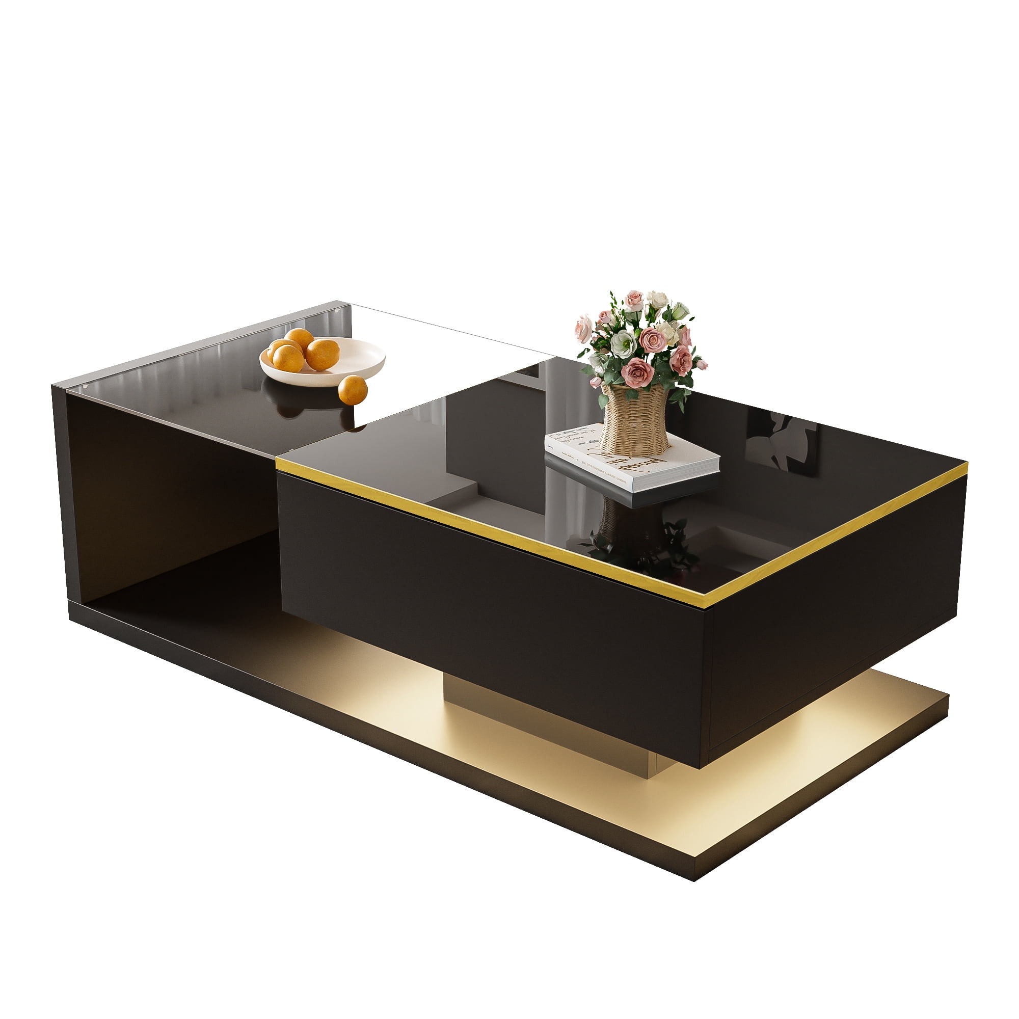 Noble House Table Basse Noire Brillante de 39,4 Pouces, Verre Trempé avec LED Dimmable, Compartiment de Rangement et Étagères Ouvertes, Noir