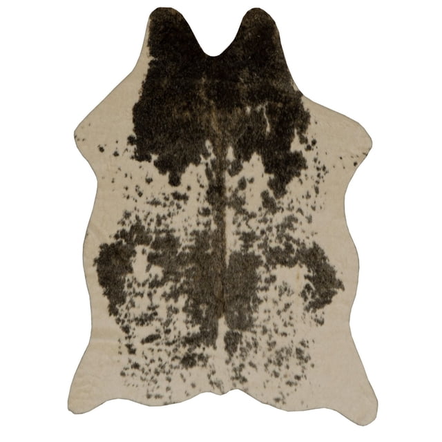 Faux Cowhide Mini Brown & White Speckle Accent Rug with an irregular hide shape, featuring a brown and white speckled pattern on short polyester fibers and a faux suede backing, suitable for small spaces and versatile room styles including contemporary and farmhouse.
