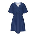 thumbnail image 4 of LOVZFMLL Robe d'Été Décontractée pour Femme à Manches Courtes, Col en V, Boutonnée, Robe de Plage pour Vacances et Voyages avec Poches, Bleu Foncé, A 3TG, 4 of 9