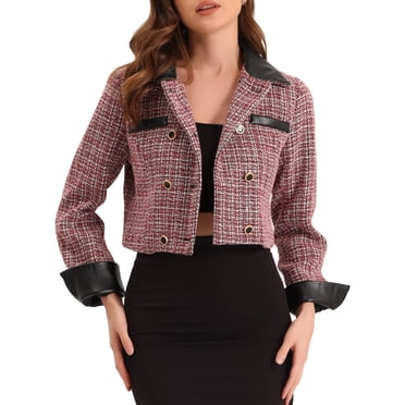 INSPIRE CHIC Tweed Cropped Jackets for Women's Contrast Lapel Collar Double Breasted Vintage Plaid Blazer
