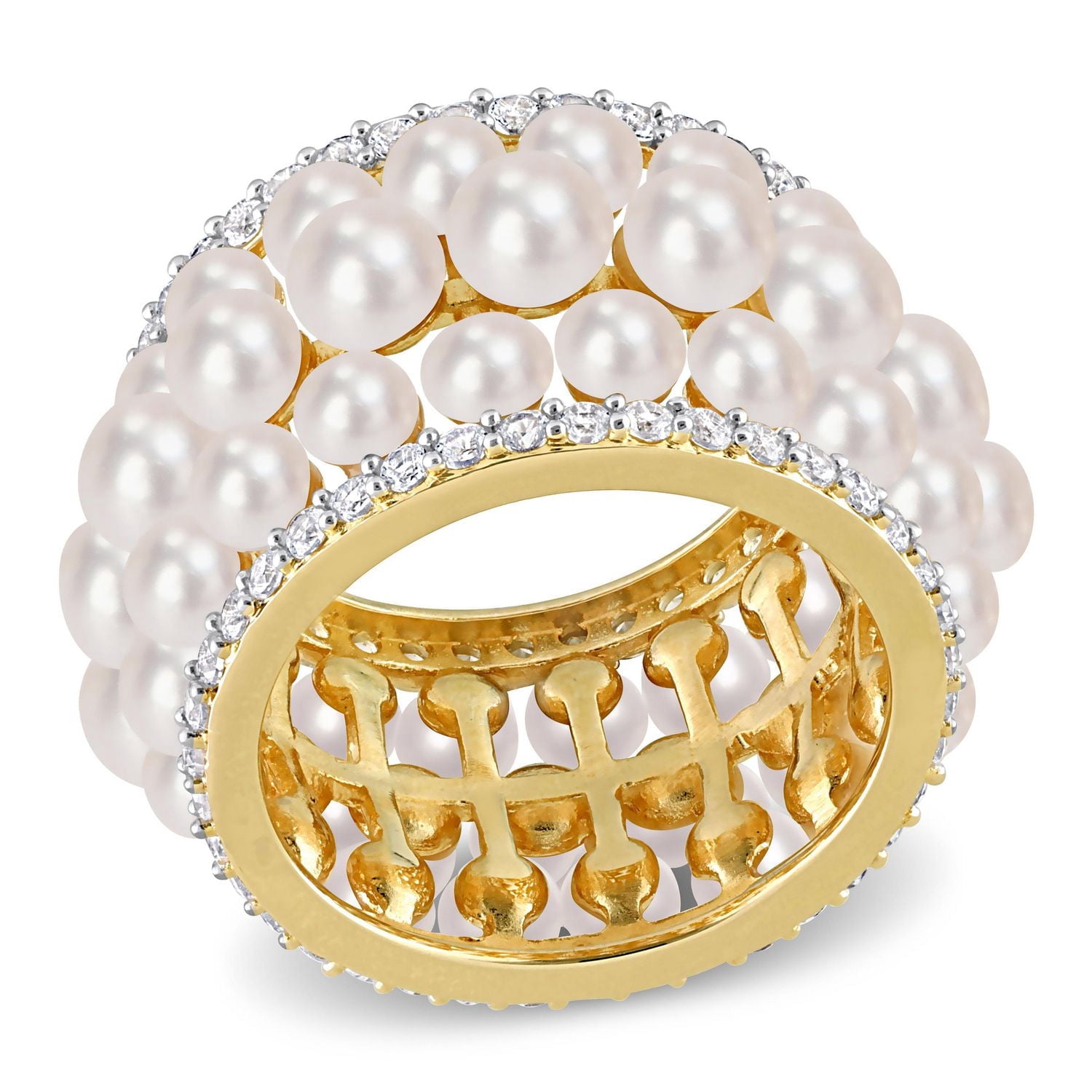 Bague d'éternité à trois rangées de Miabella avec perles culture d'eau douce et 1-3/5 carat PBT de Saphir blanc synthétique en argent sterling plaqué jaune