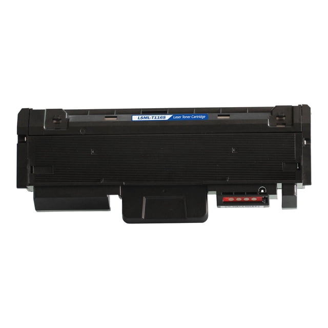 L-ink Compatible Samsung MLT-D116S Black Toner Cartridge shown front-facing with a rectangular black plastic body featuring ribbed texture and a blue LSML-T116S label, compatible with Samsung Xpress SL-M2625 series printers, delivering crisp print quality and a 3,000 page yield, suitable as an economical replacement option.