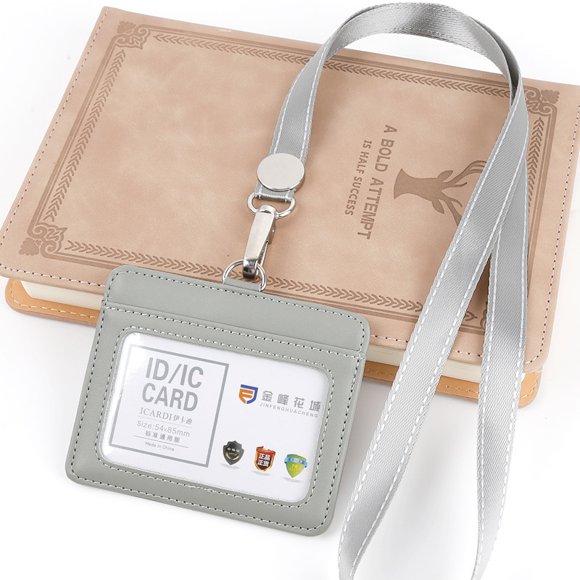 Porte-badge en Cuir avec Étiquette d'Identité et Nom, Sac pour Cartes de Crédit avec Lanière, Étui de Protection pour Carte d'Autobus d'Accès au Passeport de l'Employé, Manche Porte-Badge, Horizotal, Gris