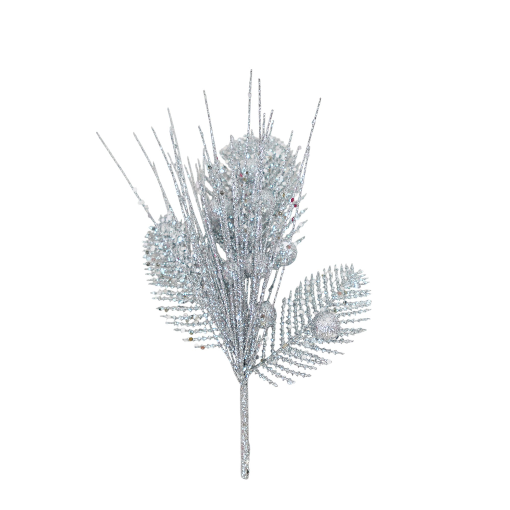 Holiday Time 9IN Silver Glitter Leaves Pick