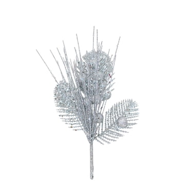 Holiday Time 9IN Silver Glitter Leaves Pick