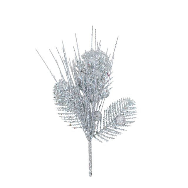 Holiday Time 9IN Silver Glitter Leaves Pick