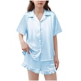 thumbnail image 1 of BLVB Girls Pajamas Satin Pajama Set Silk Pjs Short Sleeve Button down Shirts Summer Ruffle Sleepwear for Big Kids 5-15Y, 1 of 6