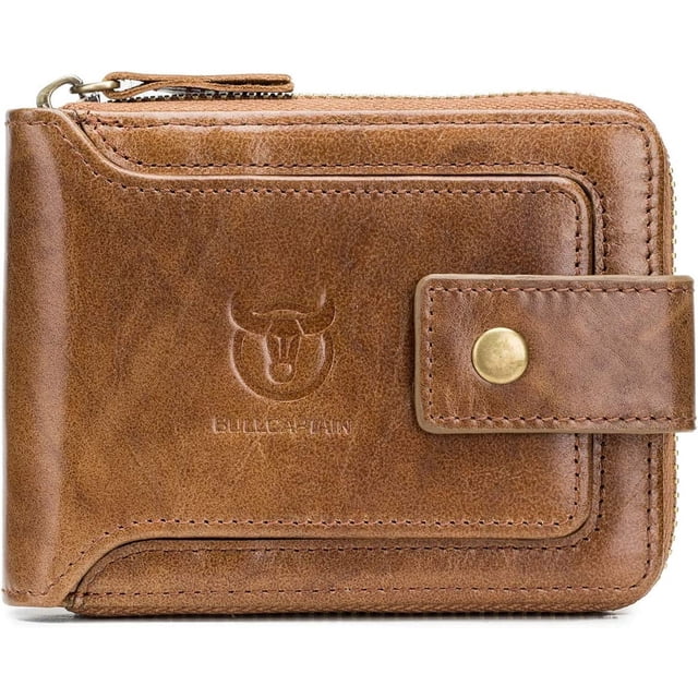 BULLCAPTAIN Genuine Leather Wallet for Men in brown, featuring a large capacity design with 12 card slots, 2 cash compartments, 1 ID window, and a zip coin pocket. Made from high-quality cowhide leather with a smooth texture and durable structure. Includes RFID blocking technology and a sturdy zipper for added security. Dimensions: 4.7 x 3.7 x 1.2 inches.