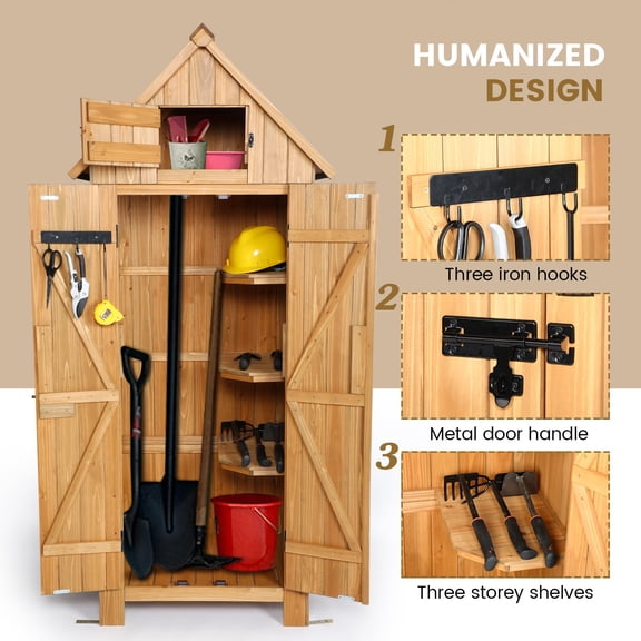 EastVita Waterproof Wooden Garden Tool Shed,Outdoor Storage Shed with 3 Shelves and Lockable Doors,Vertical Storage Cabinet for Patio,Wood