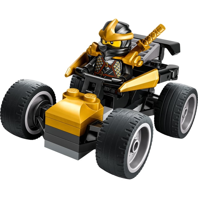 LEGO Ninjago Ninja Cole's Car 30723 front-facing shot of a compact black-and-gold building set car with a Cole minifigure seated holding a golden sword; visible studs, simple chassis and four wheels on a white background, a kids' construction toy and minifigure display piece often used in small play dioramas.