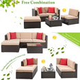 thumbnail image 4 of Vongrasig Ensemble de Mobilier de Patio 5 Pcs, Canapé Sectionnel d'Extérieur en Osier PE Brun Toutes Saisons, Petit Ensemble de Conversation pour Patio, Ensemble de Sofa de Jardin pour Patio avec Ottoman, Table en Verre, Coussin Rouge, Beige, 4 of 5