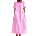 thumbnail image 2 of LOVZFMLL Women's Summer Fashion Solid Color Round Neck Short Sleeve Linen Dress Pink L, 2 of 9