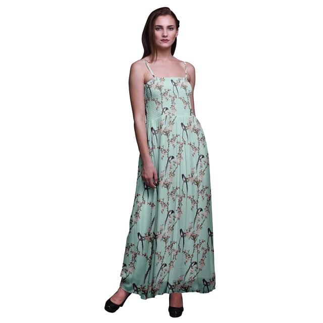 Bimba Robe Longue Maxi Tube à Corsage Smocké pour Femmes à Imprimé d'Oiseaux Blossom & Paradise Whydah - Très Petit