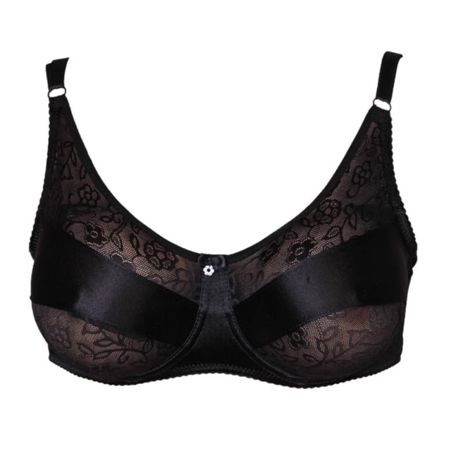 STARTIST Fashion Crossdresser Bra for TV TG with special pockets for silicone breast forms, shown in black with floral lace detailing and satin accents. Features sewn-in pockets for secure placement and natural movement of breast forms. Adjustable straps and supportive underwire for a comfortable fit.
