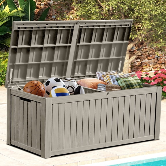 DEXTRUS Coffre de Terrasse Extérieur en Résine de 150 Gallons avec Séparateur et Poignées Latérales, Rangement pour Meubles de Patio Étanche et Verrouillable, Brun Pâle