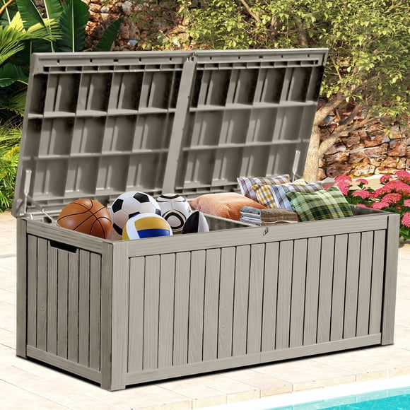 DEXTRUS Coffre de Terrasse Extérieur en Résine de 150 Gallons avec Séparateur et Poignées Latérales, Rangement pour Meubles de Patio Étanche et Verrouillable, Brun Pâle