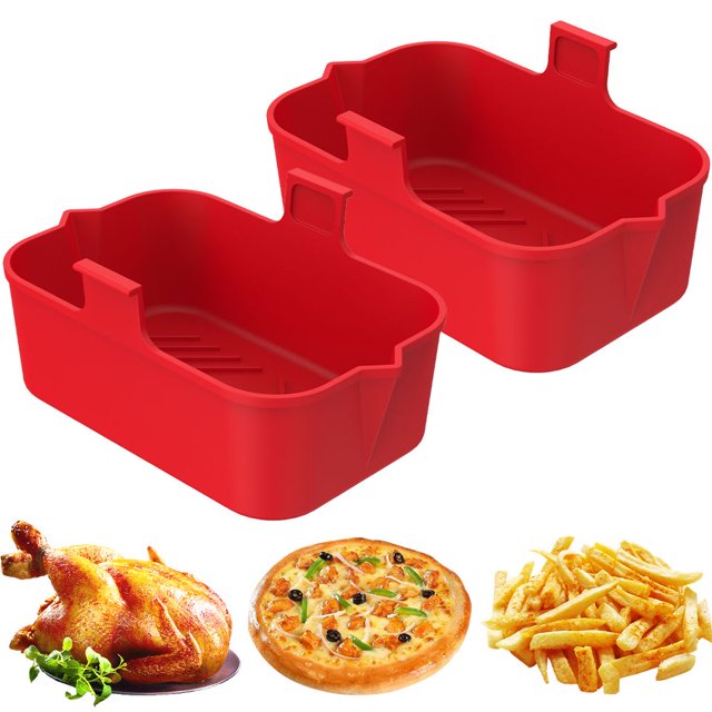 2Pcs Air Fryer Silicone Pot with Handle Reusable Air Fryer Liner Heat Resistant Air Fryer Silicone Basket Rectangle Baking Pan Air Fryer Accessories Liners for Double Basket Air Fryer Ove