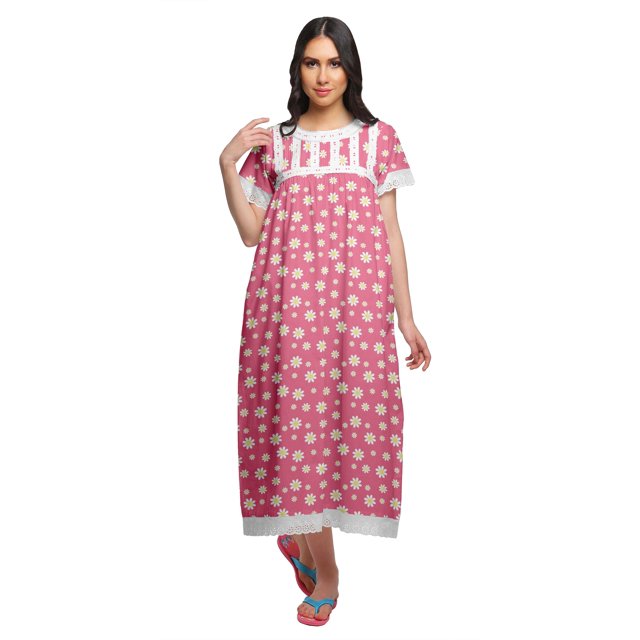 Moomaya Robe de Nuit Maxi pour Femmes en Coton Imprimé à Bordure Volantée