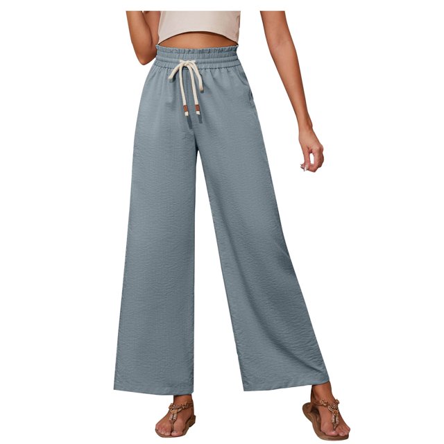 Timegard Womens Wide Leg Pants Elastic High Waist Drawstring Solid Color Beach Travel Casual Loose Pants