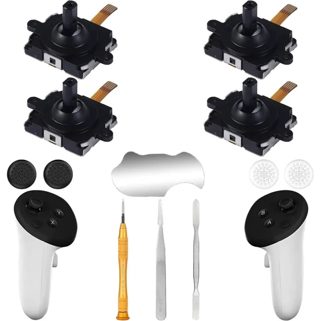 4 Pack Joystick Replacement Kit for Meta Quest 3 Controller (12 in one), Repair Kit for Oculus Quest 3 Controller, Include 4 Joysticks, 4 Thumbstick Grips, T5 Screwdriver, Tweezer, Pry Tool